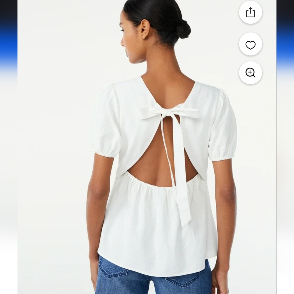 Scoop Tie Open Back Puff Sleeve White Linen Blend Peplum Top